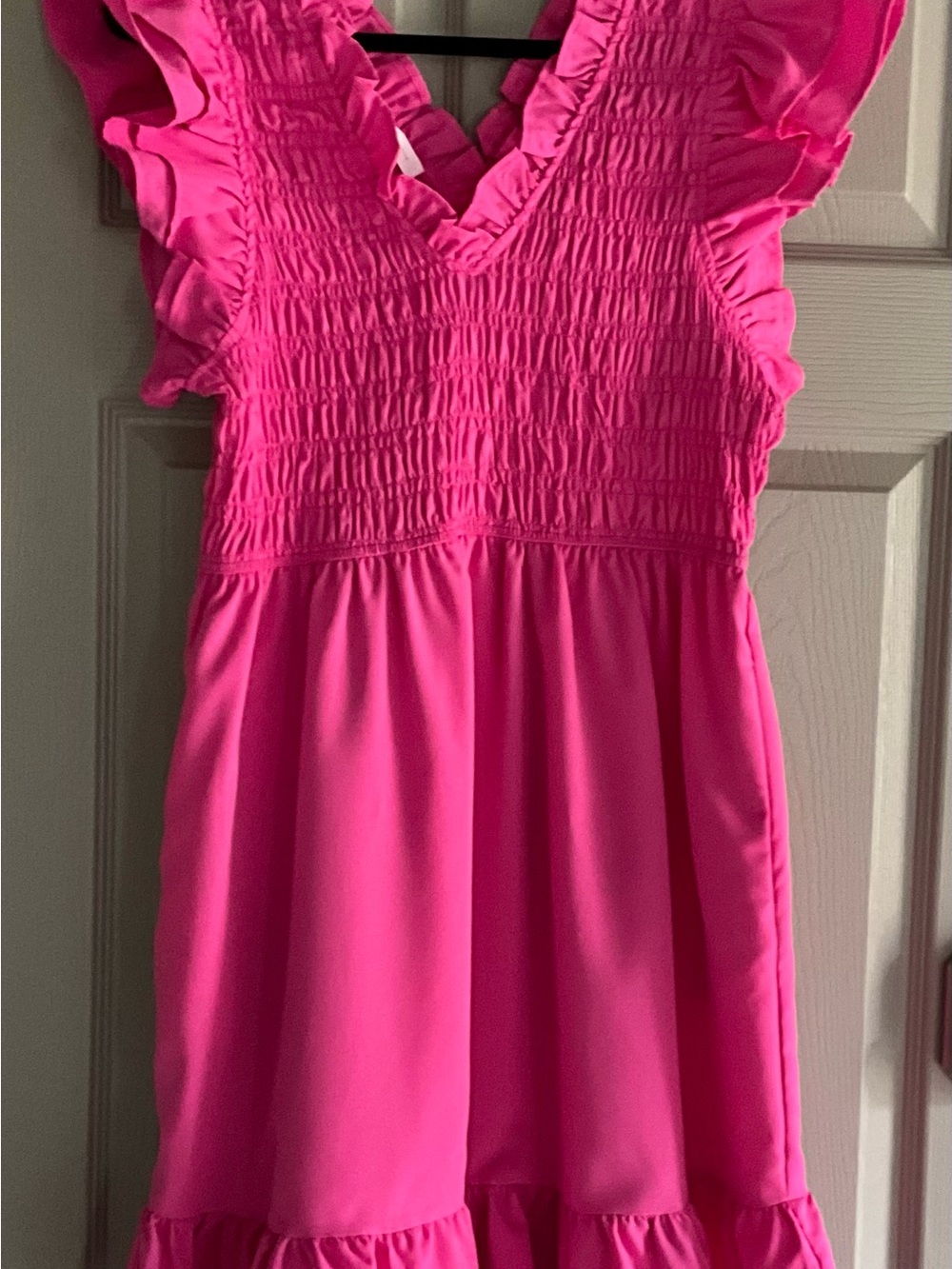 Pink Ruffled V-Neck Smocked Waist Dress